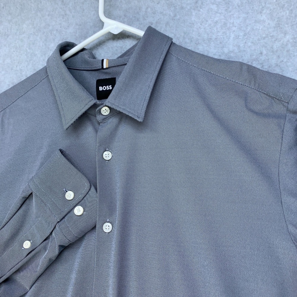 BOSS Button Down Shirt Mens XL Grey Slim Fit Stretch Long Sleeve Micro Pattern